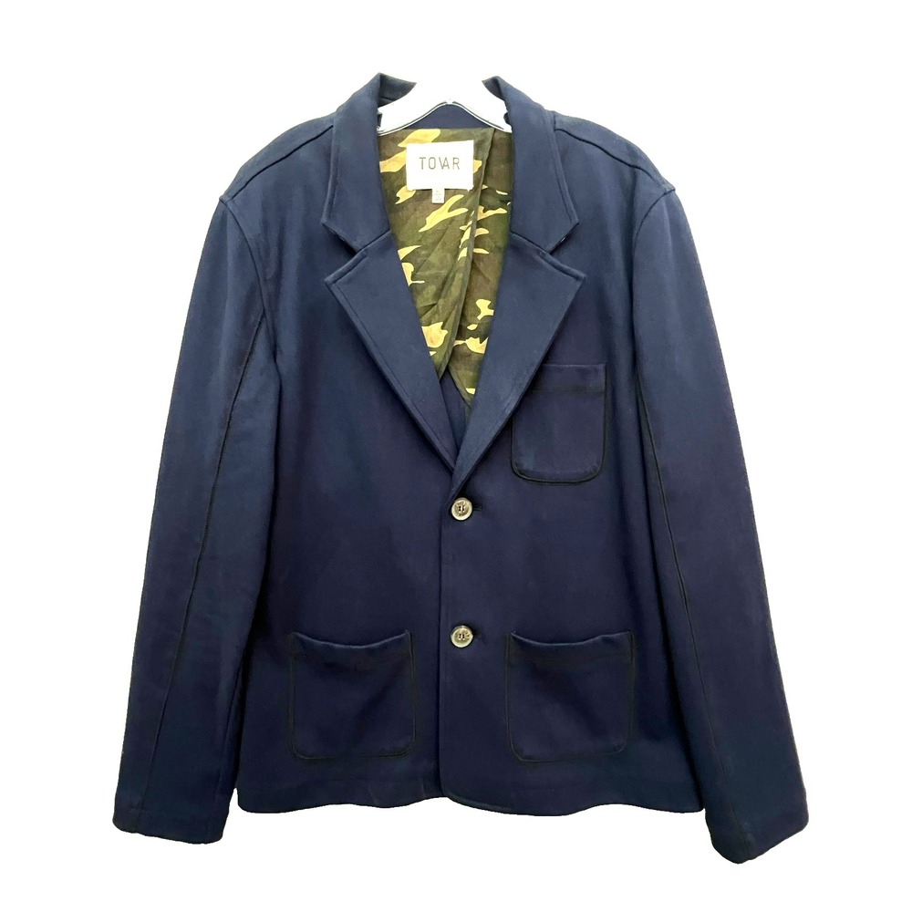 TOVAR Navy Blue Blazer Partial Camo Lining Black Thread Contrast Preppy Casual